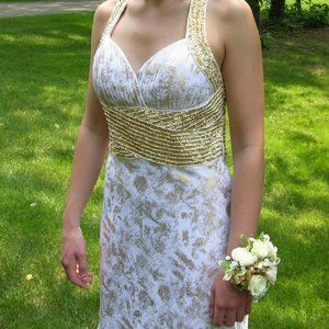 La Femme PARIS Gown White and Gold Sequins and Shimmering Metallic Overlay